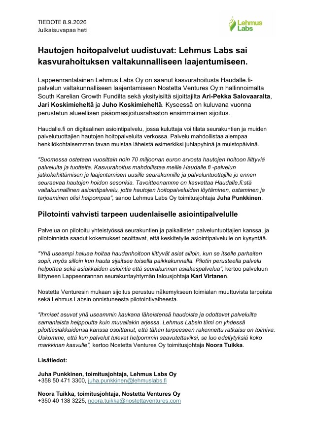 Lehmus Labsin alkuperäisen rahoitustiedotteen esikatselu